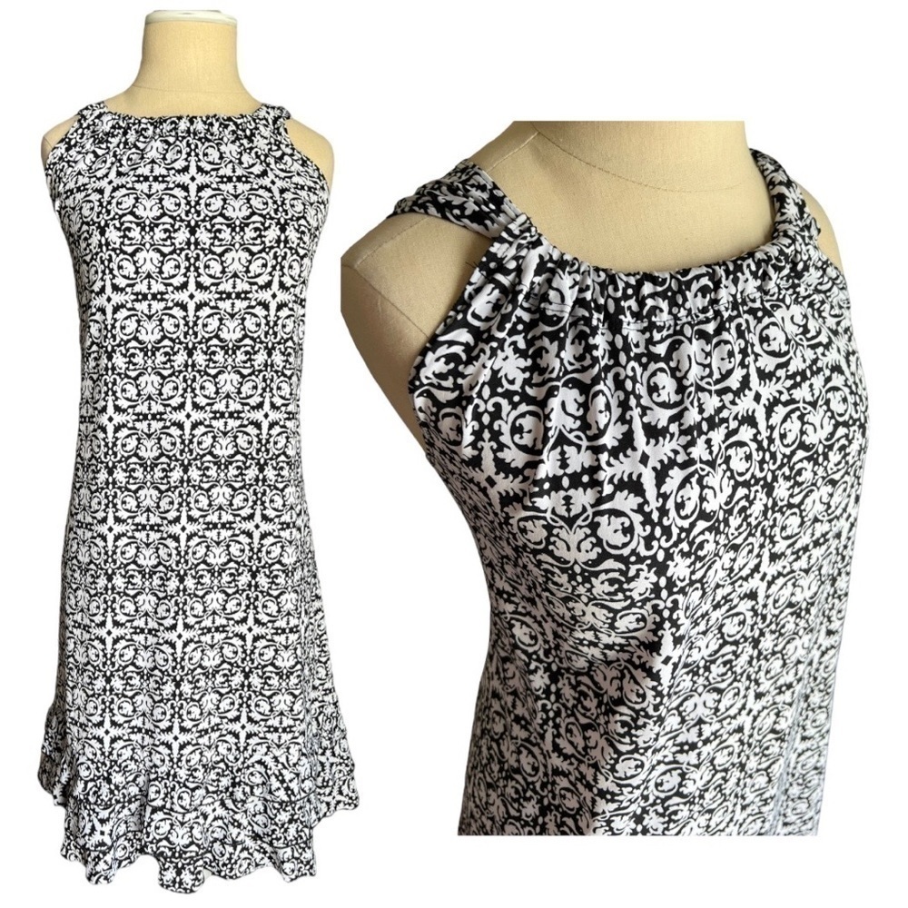 JBS Black & White Damask Shirred Neck Sleeveless Ruffle Hem A Line Size 14